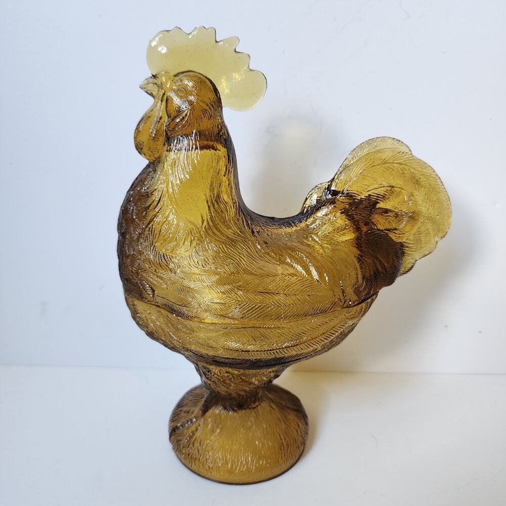 Vintage Golden Amber Glass Rooster Pedestal Lidded Candy Dish 9” Tall Unmarked - Picture 4 of 9